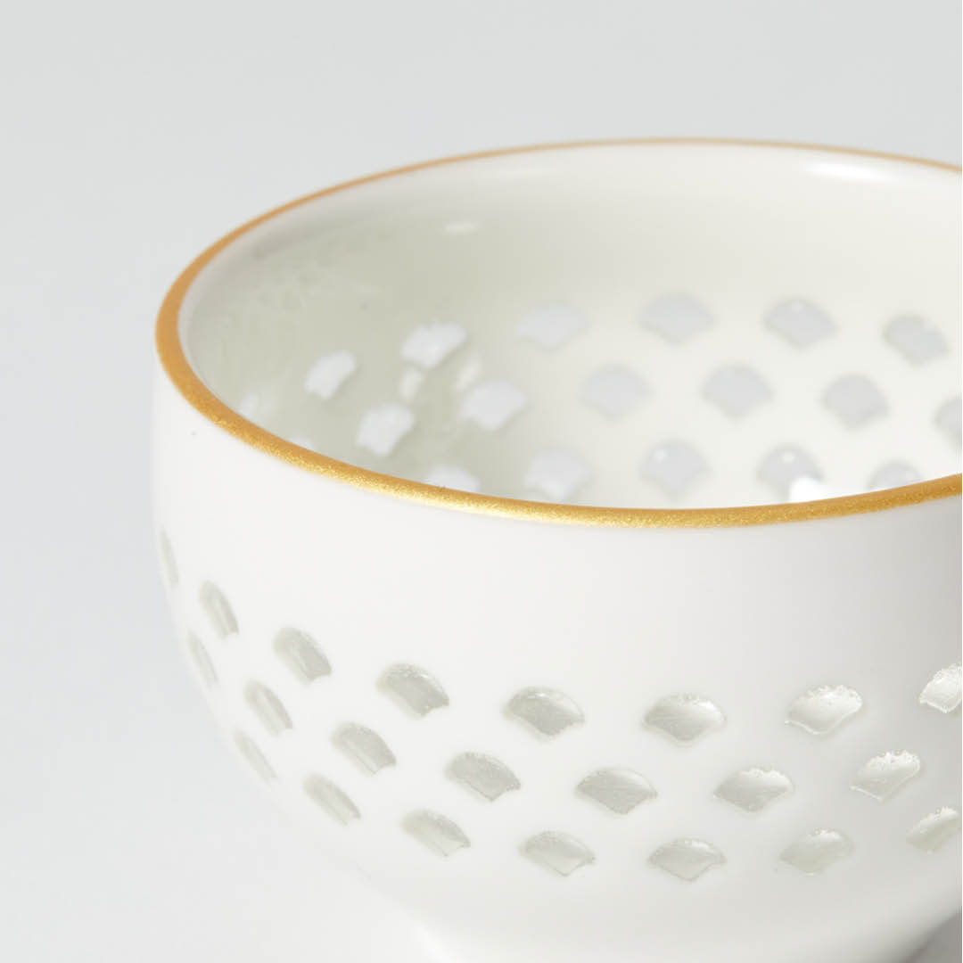 Hotarude Cup With Mica Gold Rim, upward angled close view